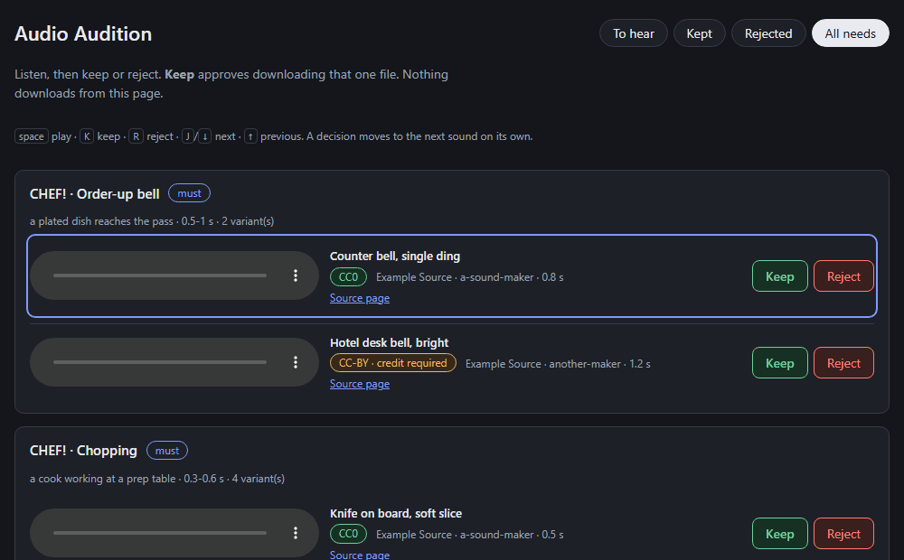The audition app deciding two sounds — kept, then rejected with a reason — in the time it takes to
hear them. The sounds