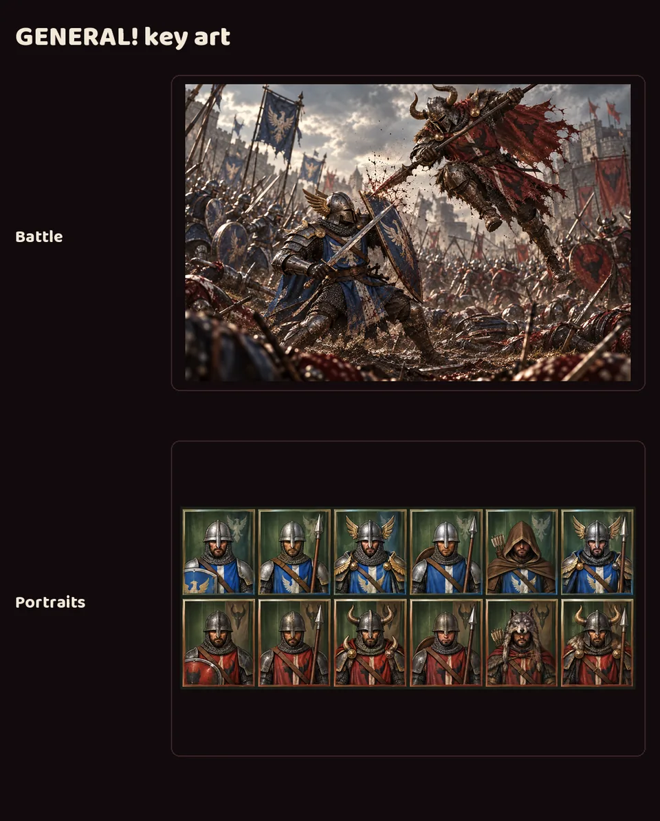 GENERAL! key art and portrait sheet, screenshot