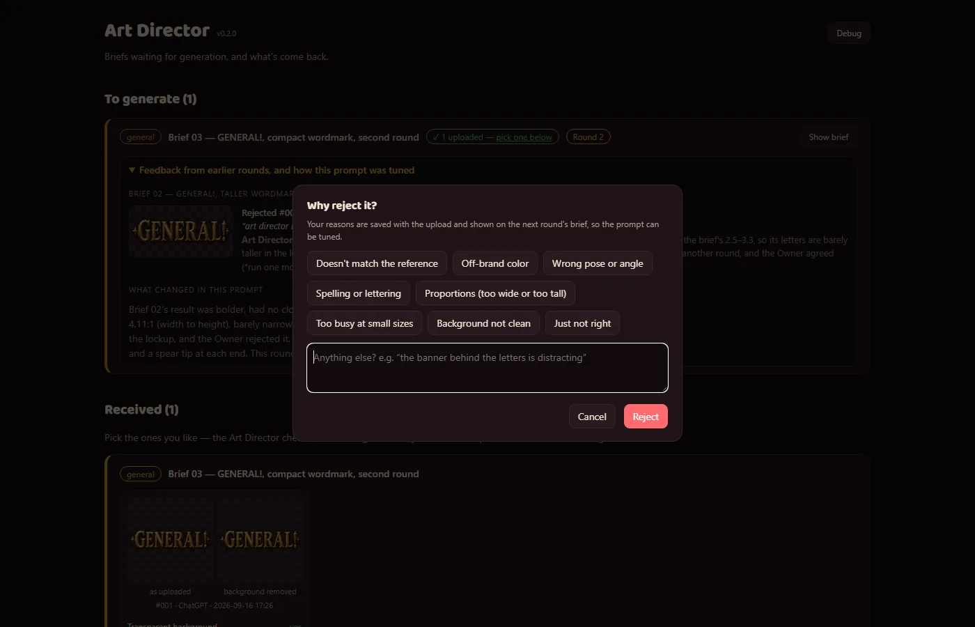 The Art Director app learns from rejections, screenshot