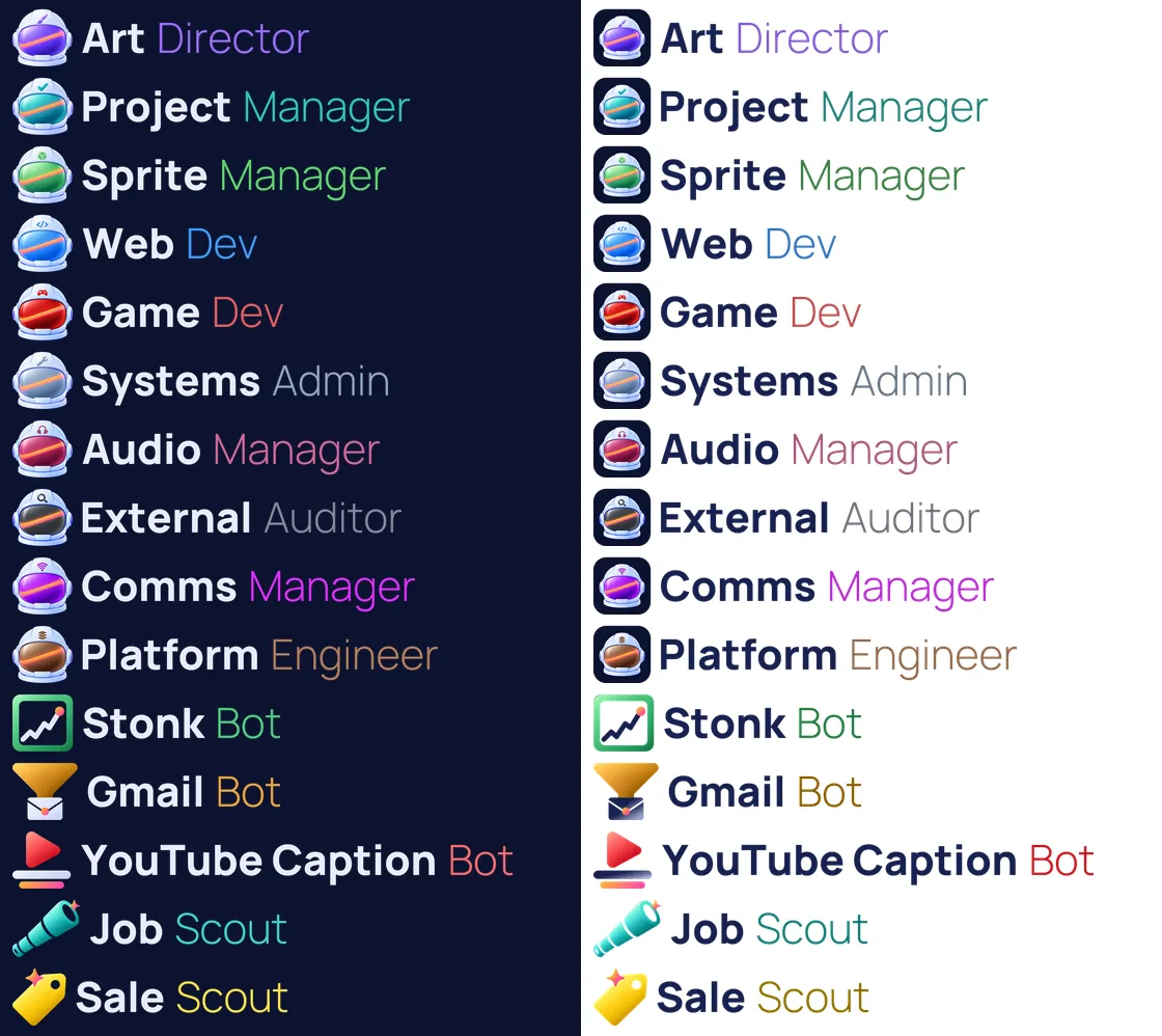 Every agent's app on its helmet, and every name in one font, screenshot