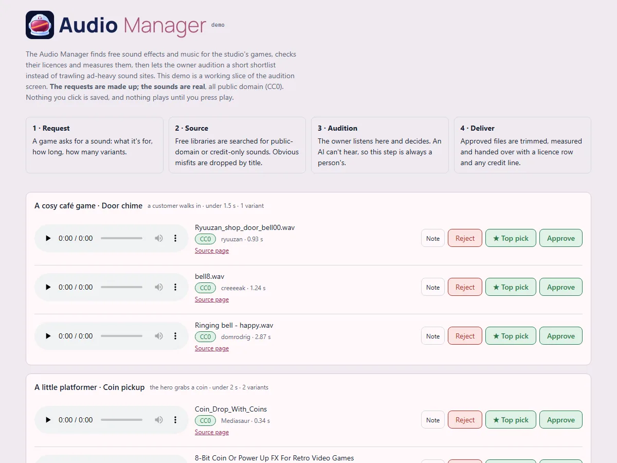 A public demo of the audition screen, screenshot