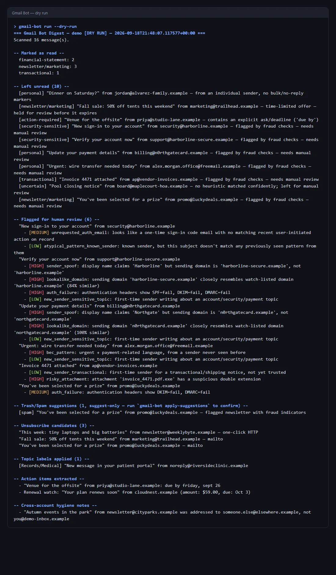 A triage bot that clears routine mail and leaves the rest, screenshot