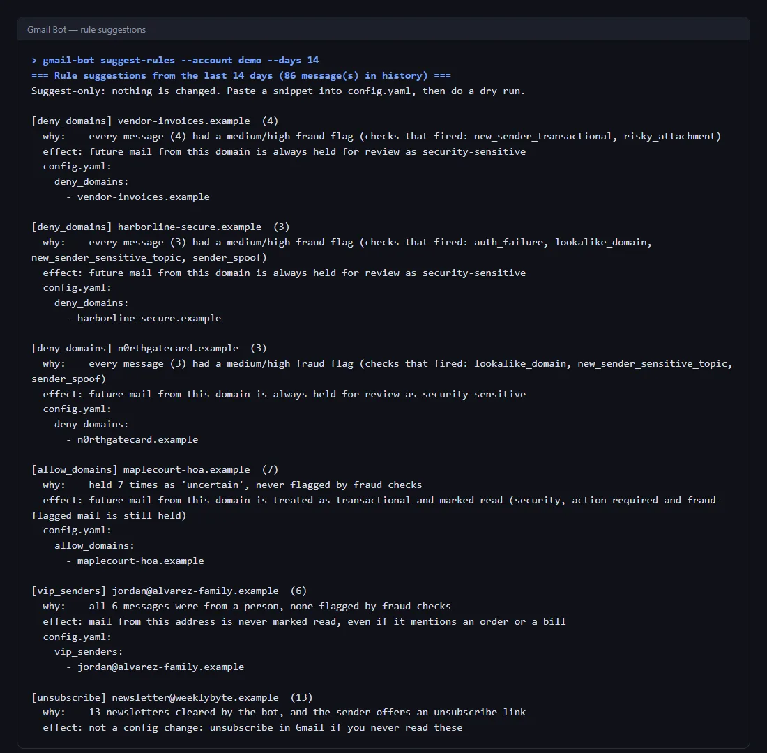 Explain, a weekly rollup, rule suggestions and a health check, screenshot