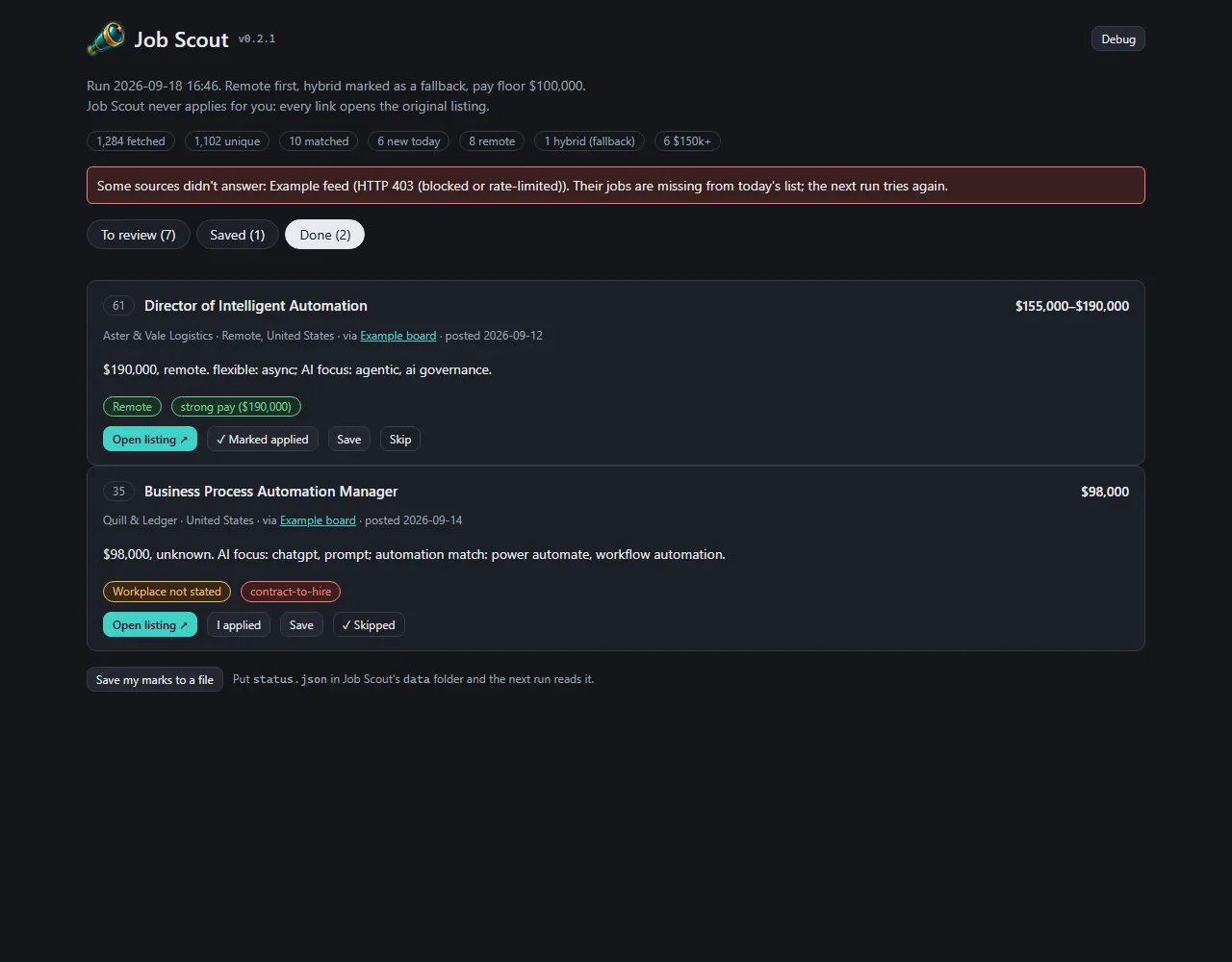 Calmer cards, and working Saved and Done tabs, screenshot