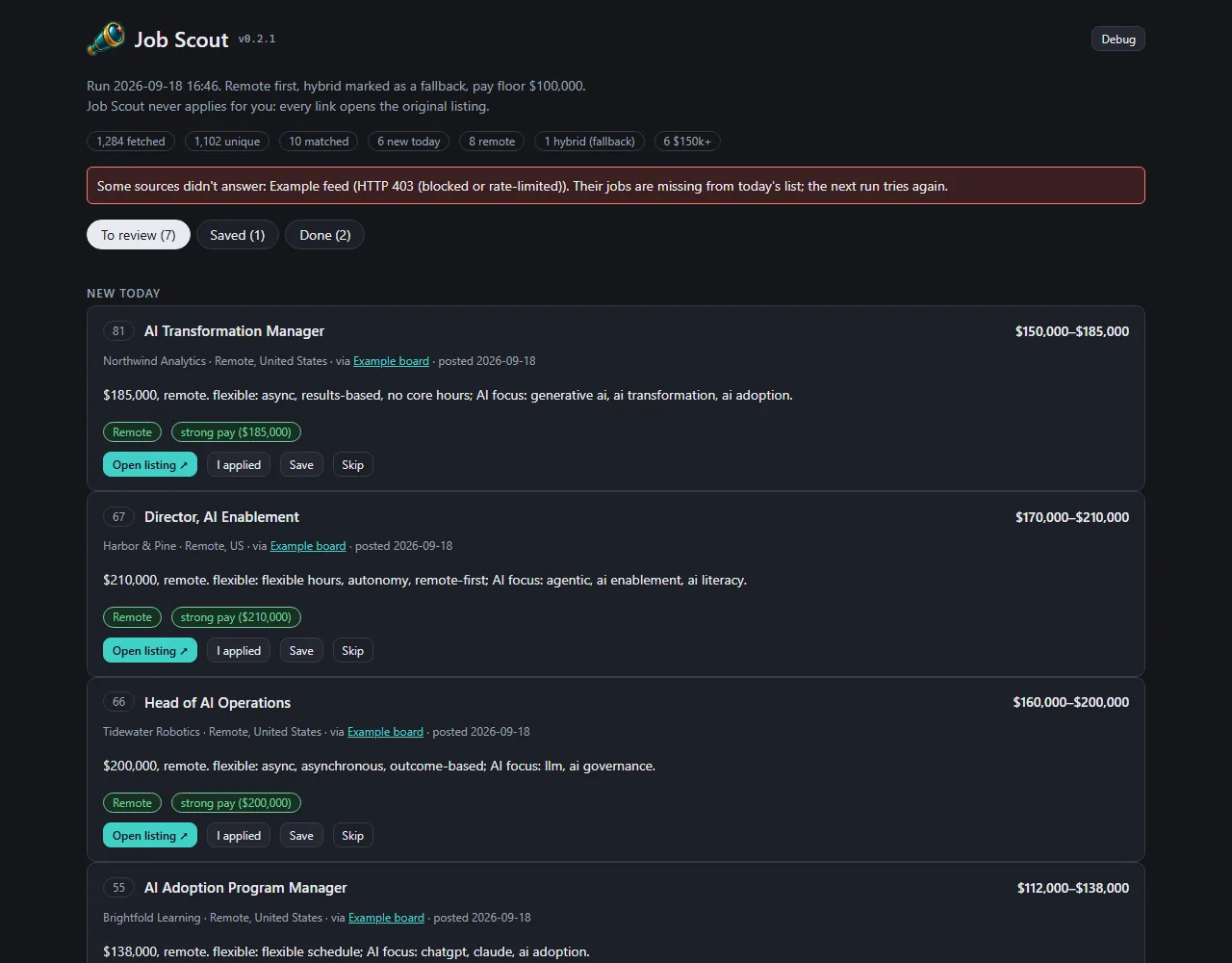 A demo mode with made-up jobs, screenshot