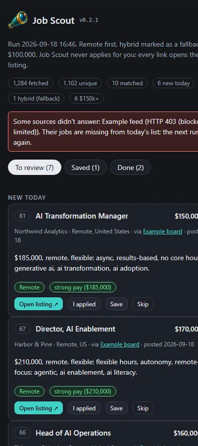 A demo mode with made-up jobs, screenshot
