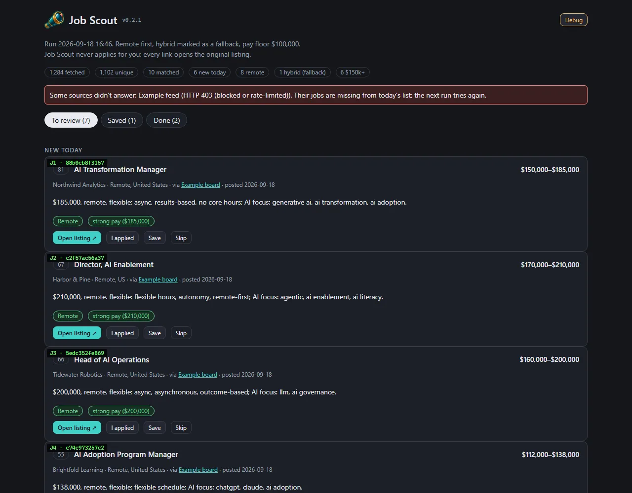 A demo mode with made-up jobs, screenshot