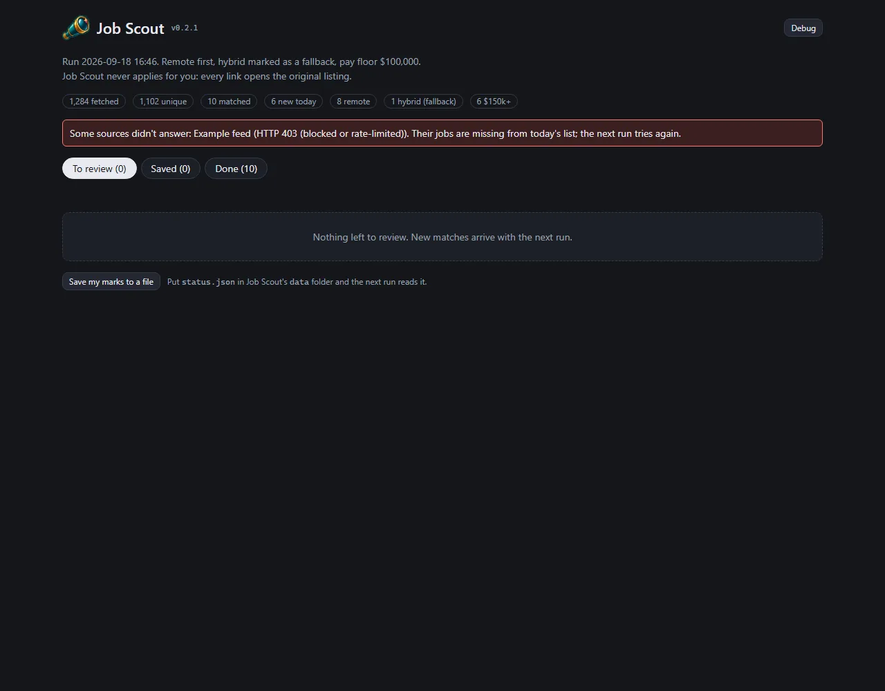 A demo mode with made-up jobs, screenshot