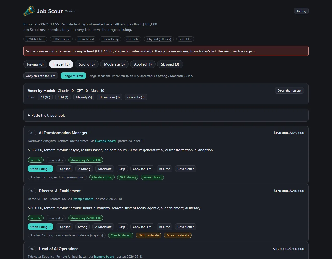 A Triage tab, and triage that reads the role instead of the company, screenshot