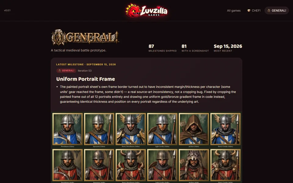 Devlog: universal and per-game feeds generated from PROGRESS.md, screenshot