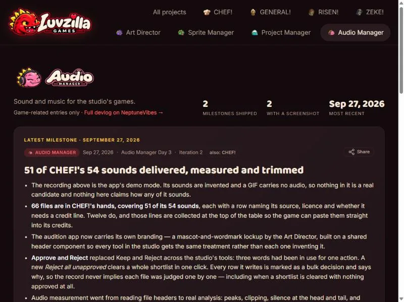 An AI game studio, and the Audio Manager joins the crew, screenshot