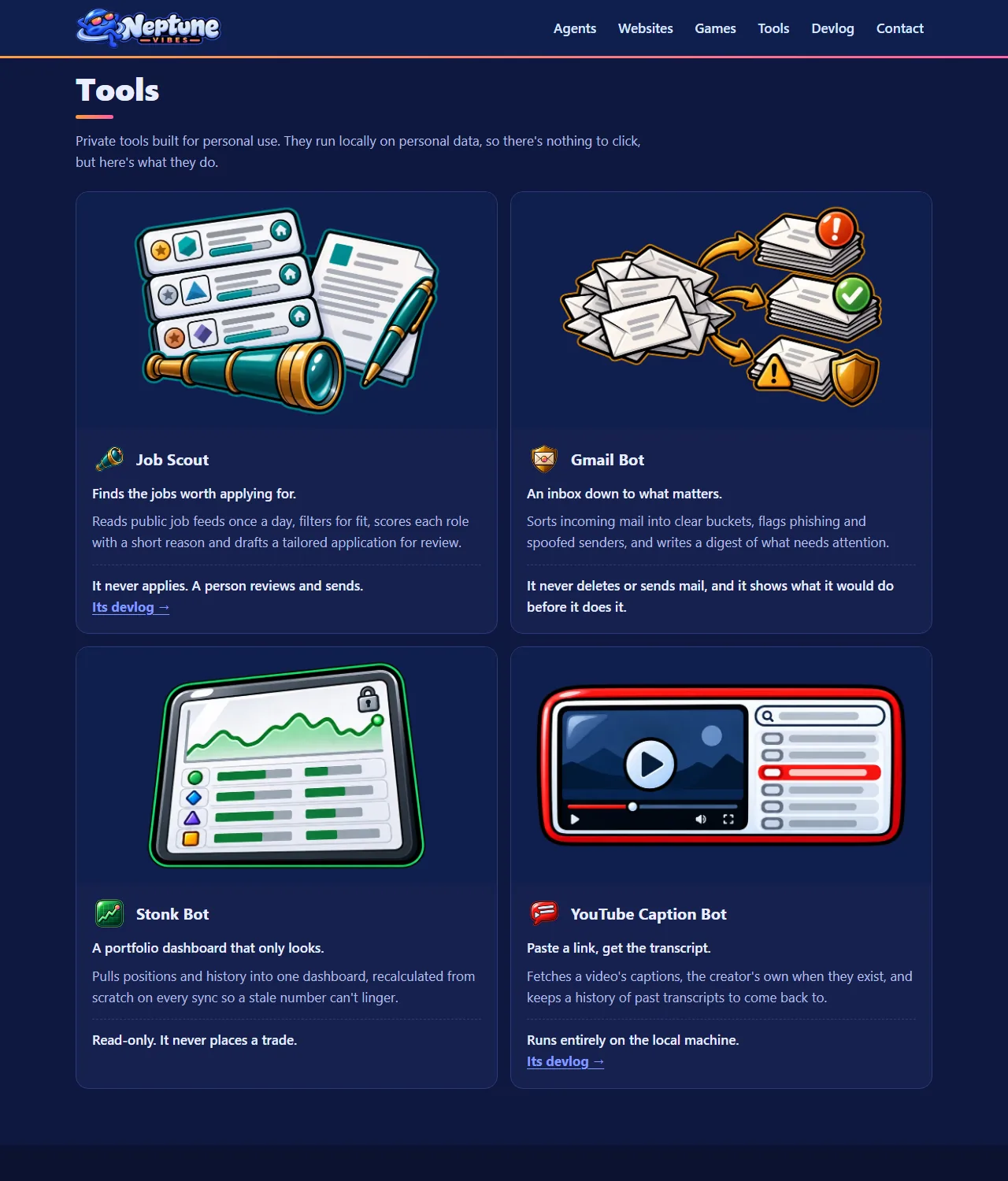 Job Scout, YouTube Caption Bot and this site join the devlog, screenshot