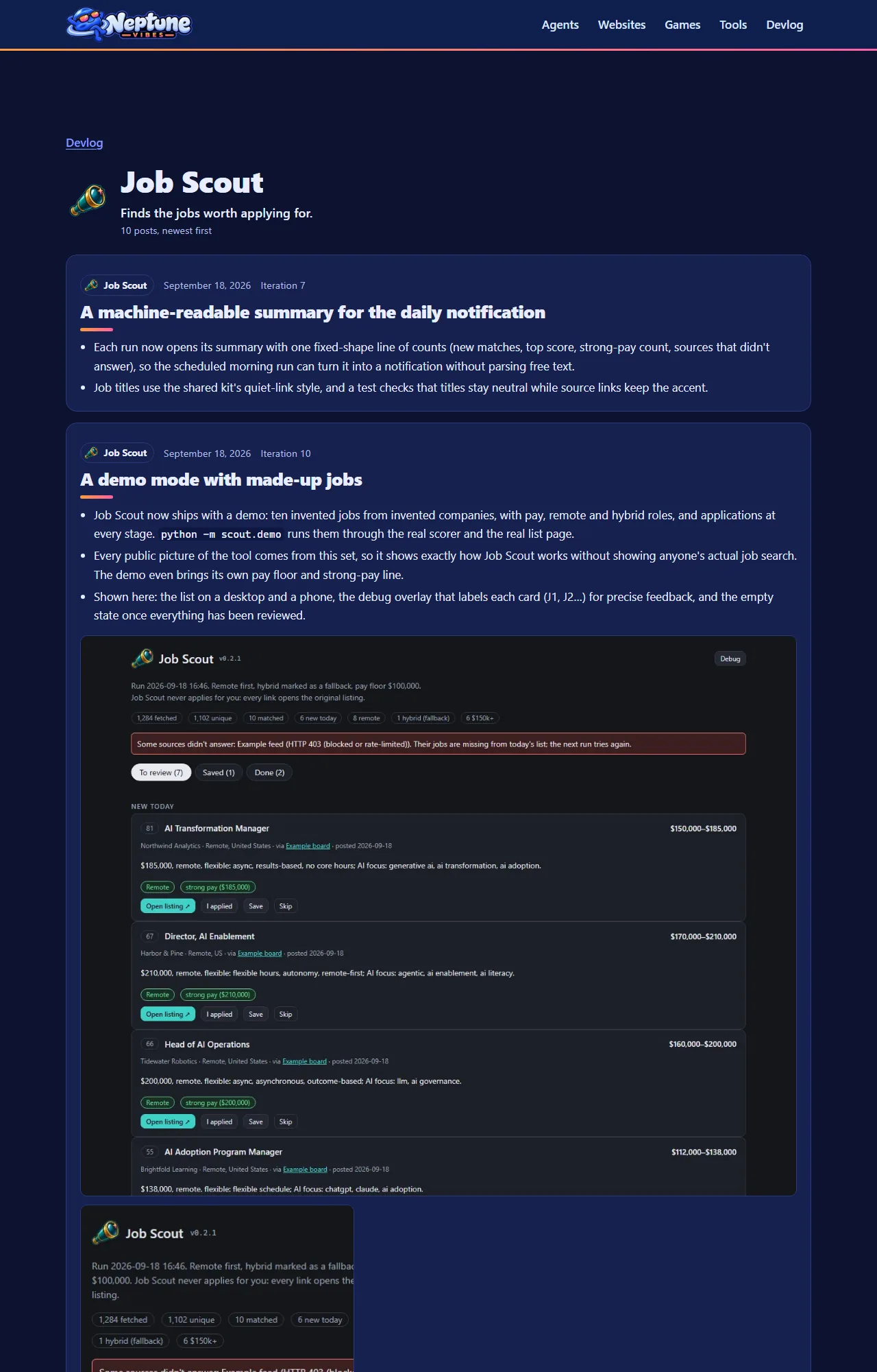 Job Scout, YouTube Caption Bot and this site join the devlog, screenshot