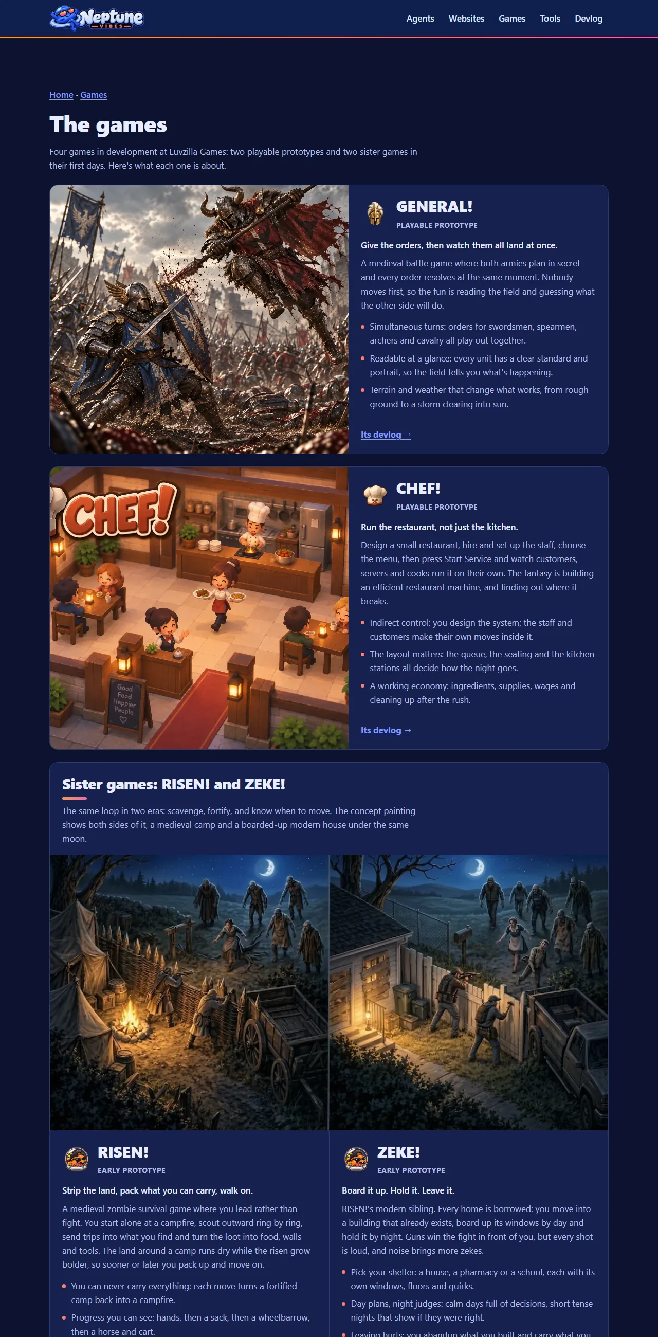 The games page, and RISEN! and ZEKE! on the home page, screenshot