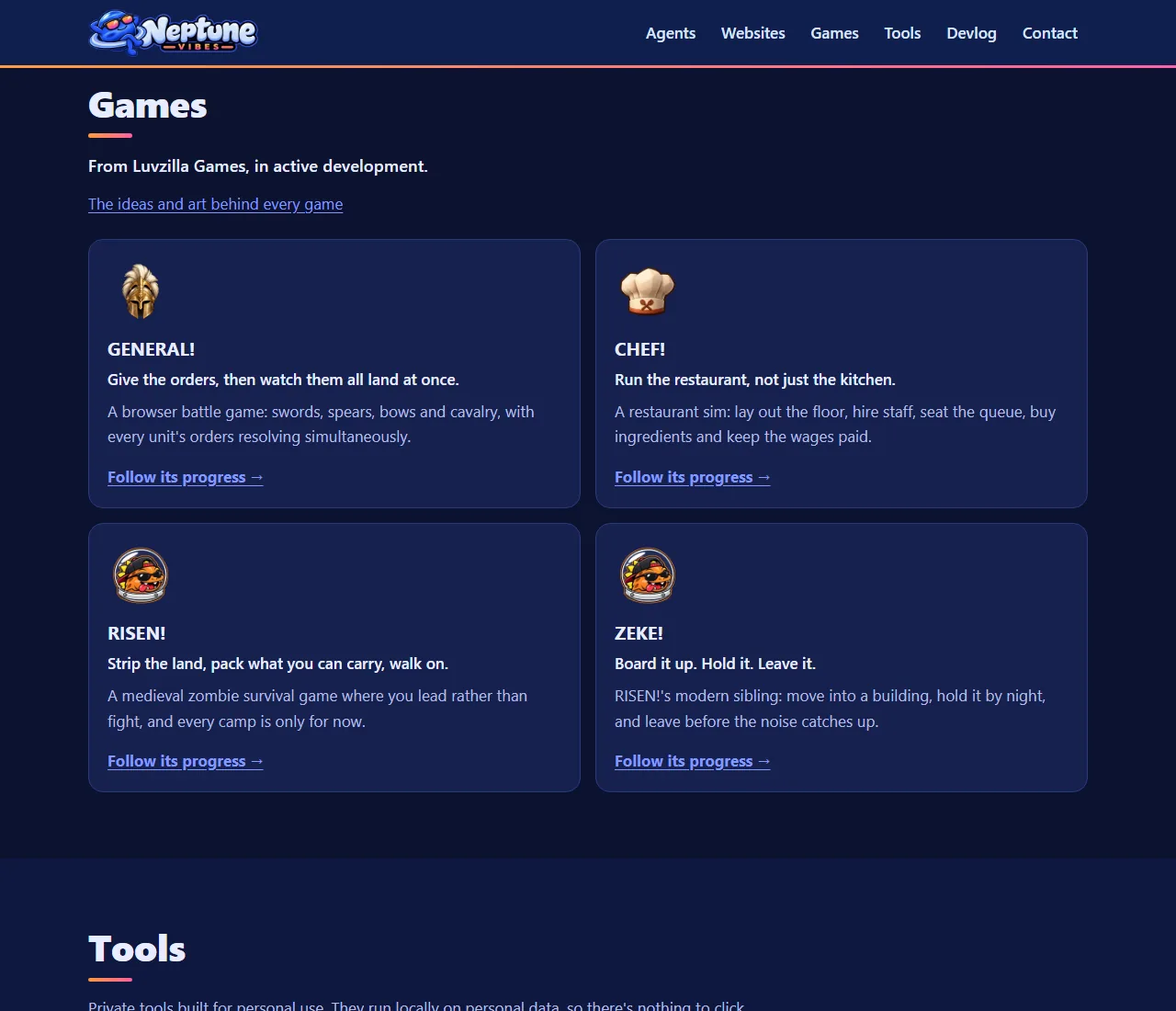 The games page, and RISEN! and ZEKE! on the home page, screenshot