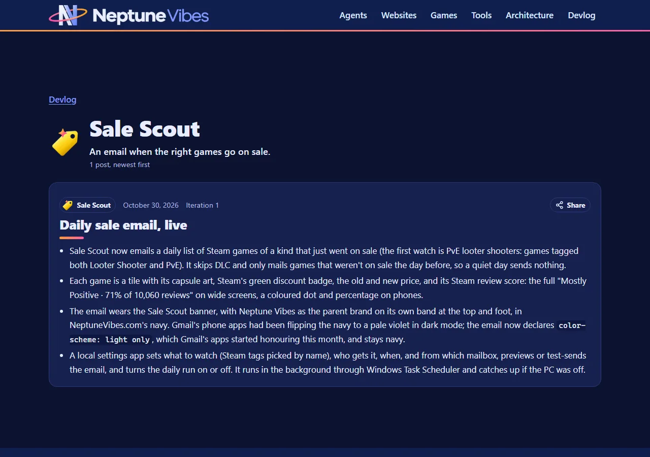 Stonk Bot's new look, and Sale Scout on the devlog, screenshot