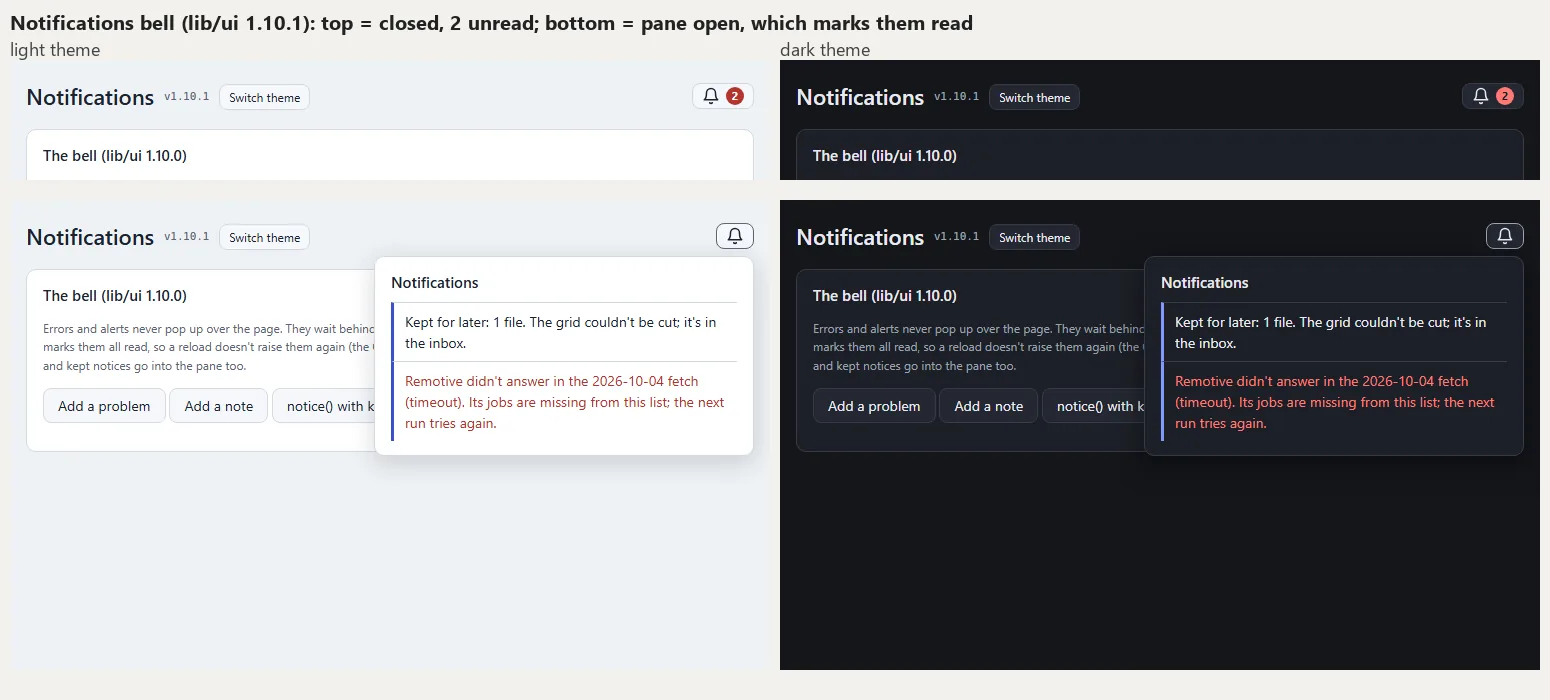 Alerts wait behind a bell, screenshot