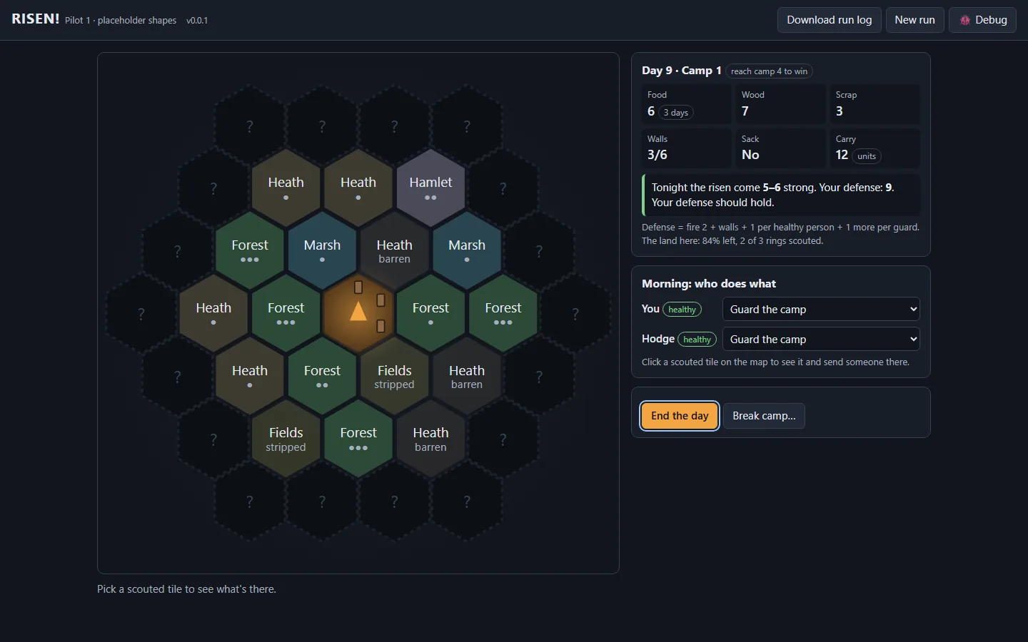 Coded placeholder art: people, the risen, the camp and the land, screenshot
