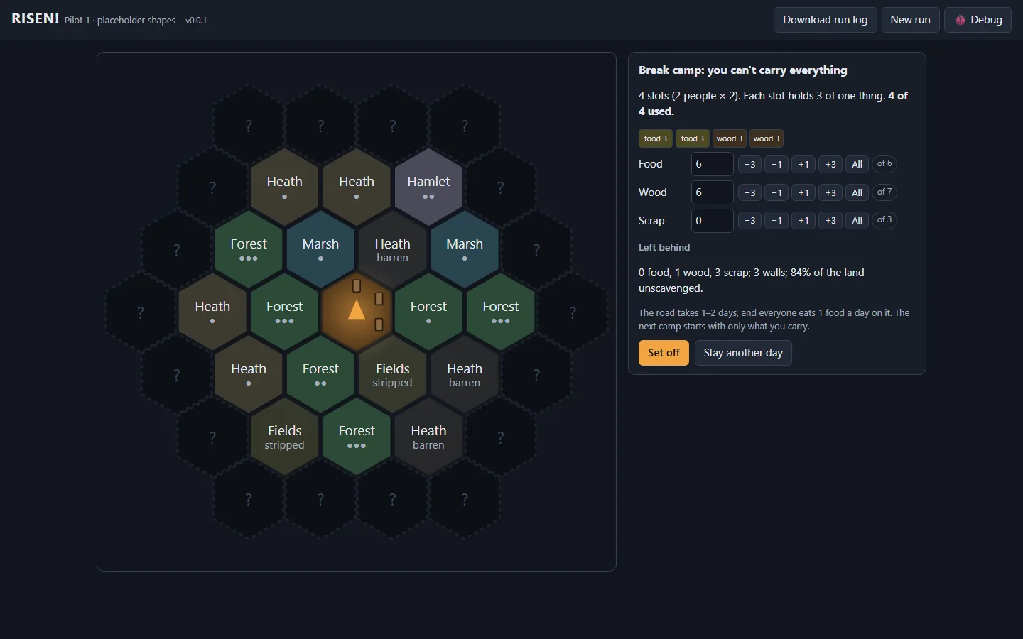 Pilot 1: one playable run of camps, screenshot