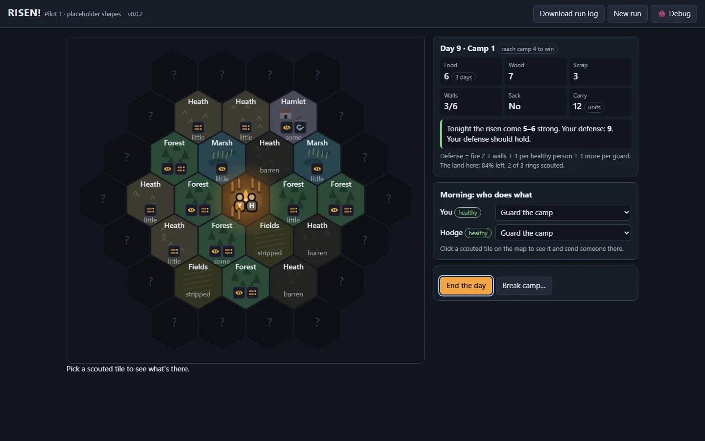 Coded placeholder art: people, the risen, the camp and the land, screenshot
