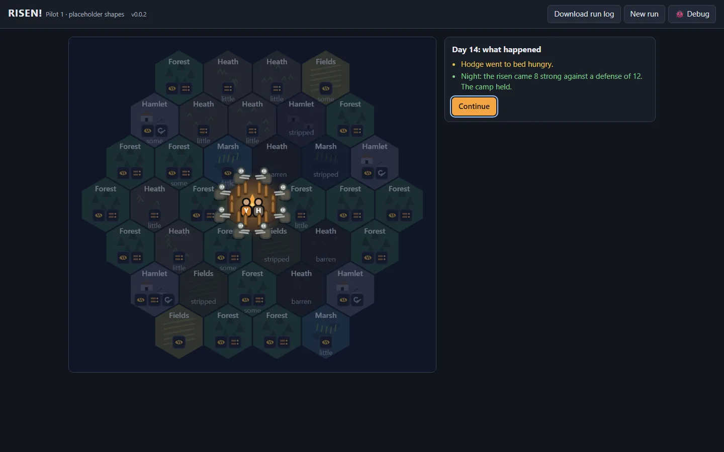 Coded placeholder art: people, the risen, the camp and the land, screenshot