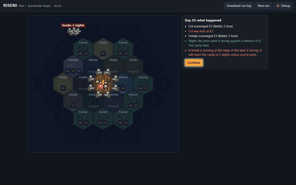 Coded placeholder art: people, the risen, the camp and the land, screenshot