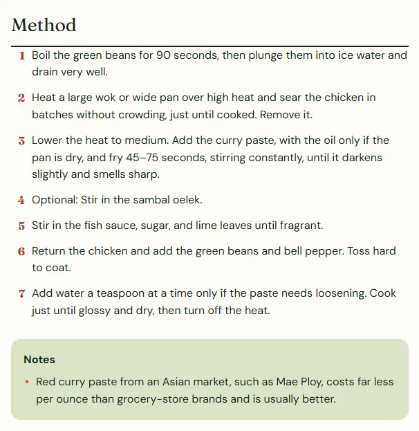 Twenty recipes rewritten in plain steps, and a smarter shopping list, screenshot