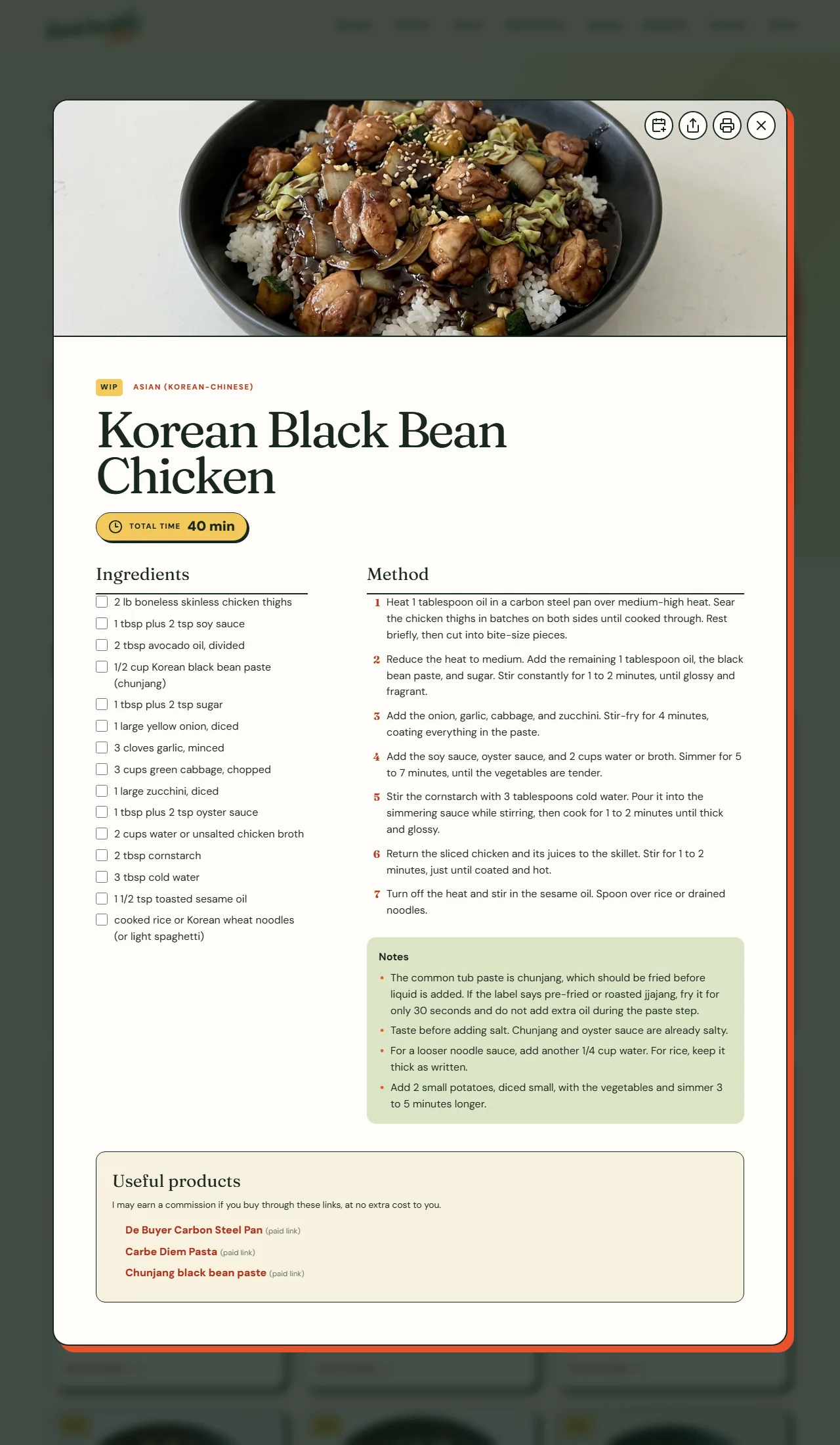 Korean Black Bean Chicken retuned, Dan Dan with peppercorn powder, tighter tab icon, screenshot