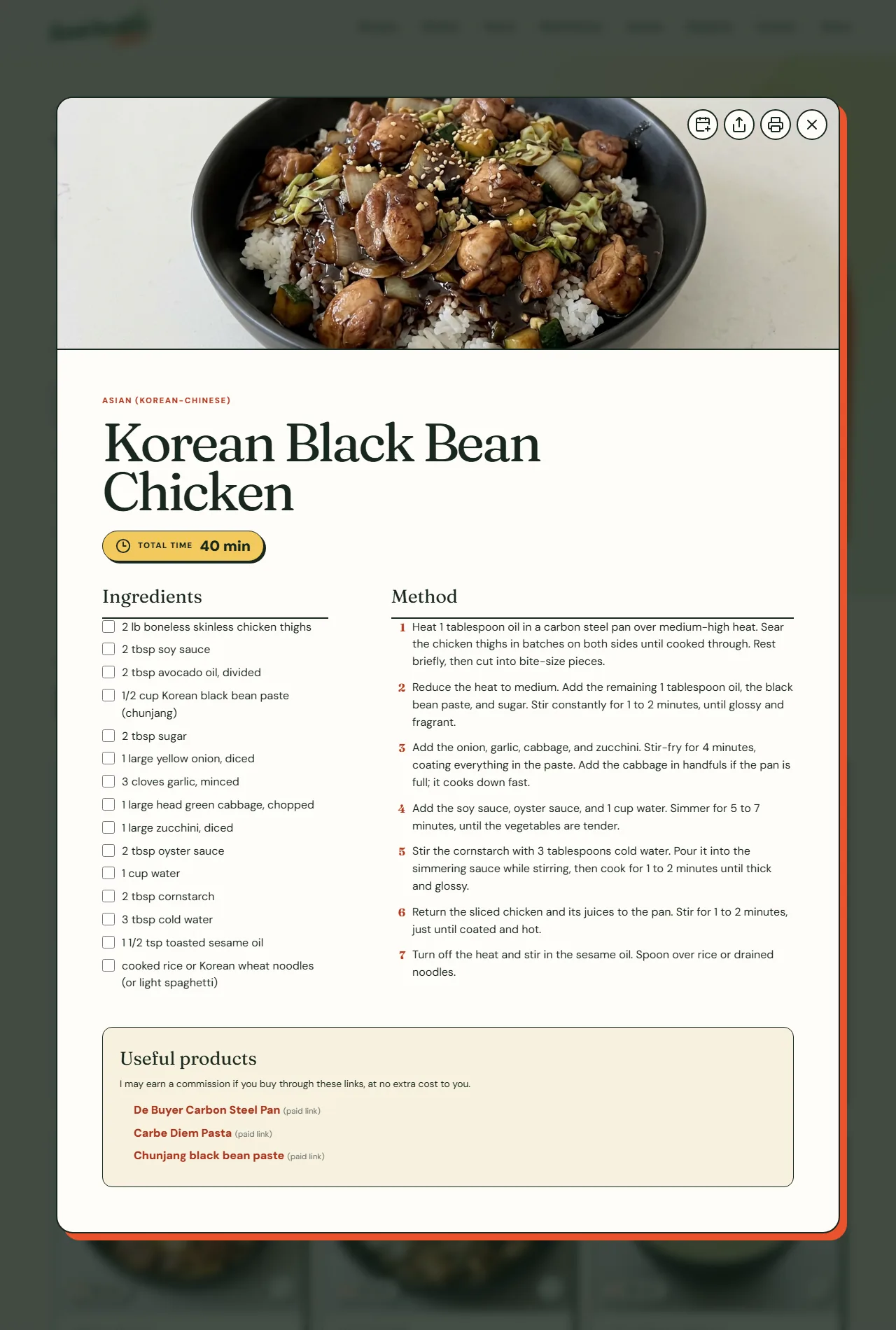 Korean Black Bean Chicken retuned, Dan Dan with peppercorn powder, tighter tab icon, screenshot