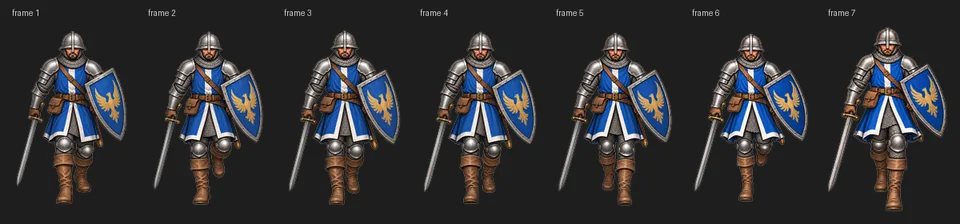 Galean soldier walk cycle: 7 of 8 south-facing frames, screenshot