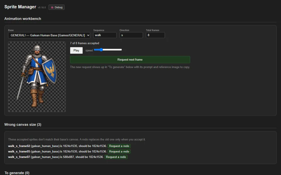Wrong-size sprites are caught and can be redone (v0.16.0), screenshot