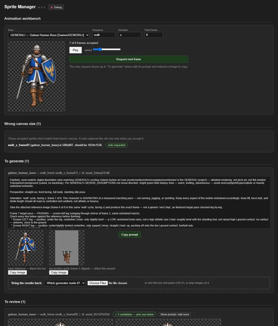 Galean walk: frames 2 and 5 fixed, frame 7 redo requested, screenshot