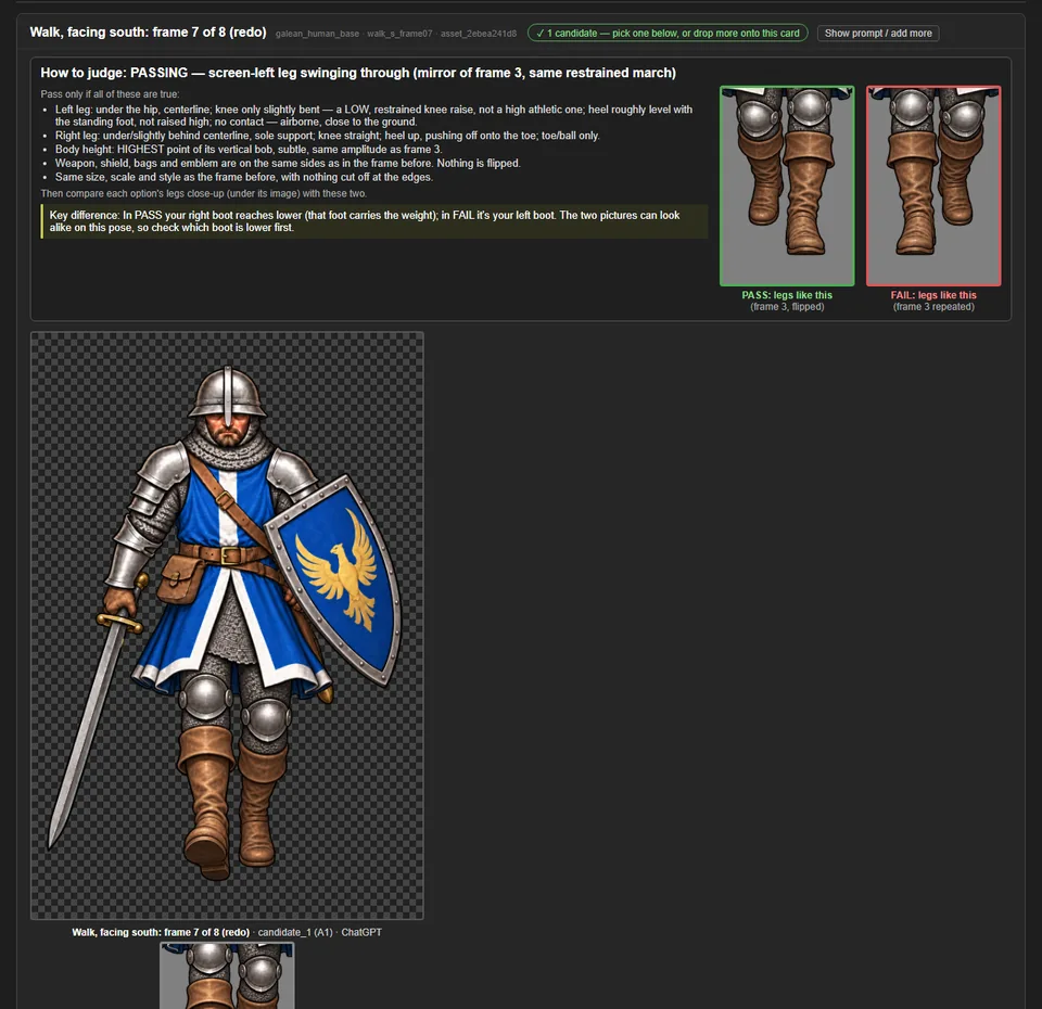 Clear pass/fail conditions for judging walk frames (v0.17.3–v0.17.6), screenshot