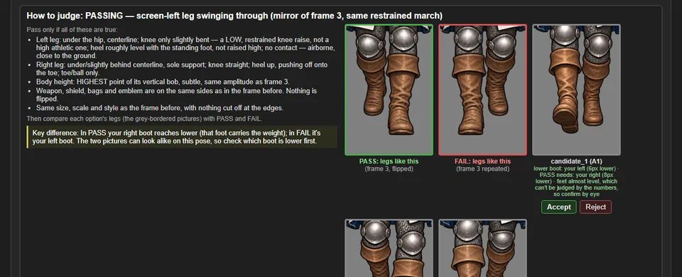 Clear pass/fail conditions for judging walk frames (v0.17.3–v0.17.6), screenshot