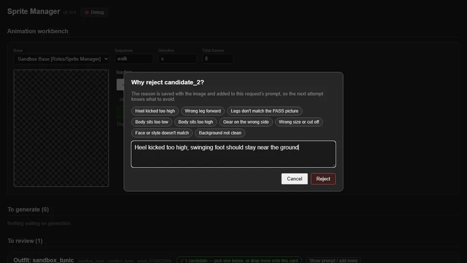 Say why when rejecting; the prompt learns from it (v0.19.0), screenshot