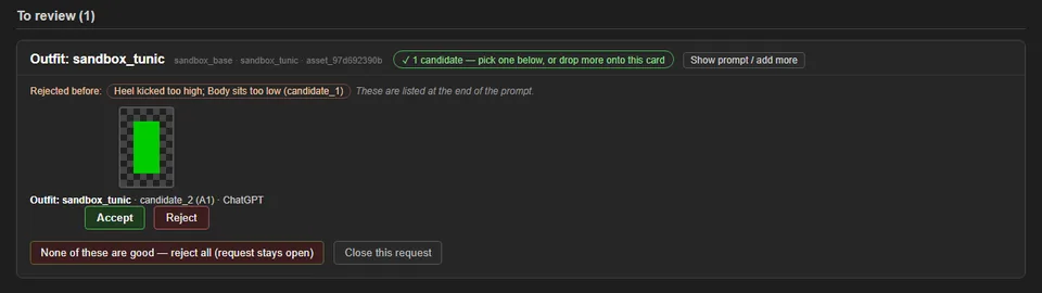 Say why when rejecting; the prompt learns from it (v0.19.0), screenshot