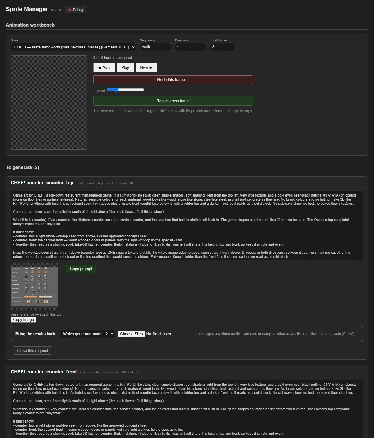 Sprite Manager can make CHEF!'s tiles, walls and counters (v0.25.0), screenshot