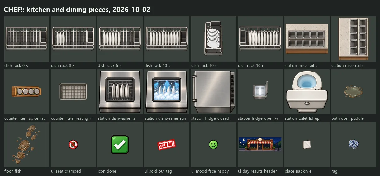 CHEF!'s kitchen and dining pieces: dish rack, mise rail, dishwasher and more, screenshot