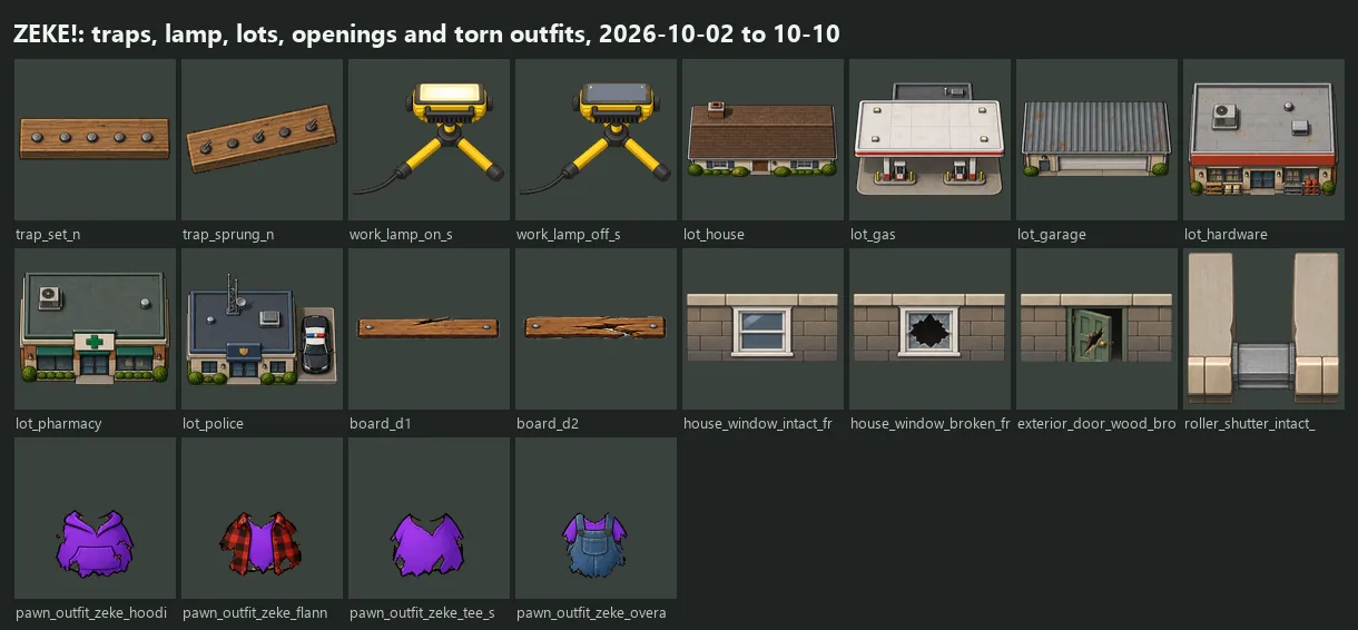 ZEKE!'s traps, work lamp, town lots, broken windows and torn outfits, screenshot