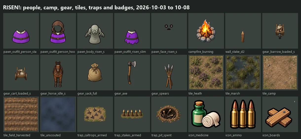 RISEN!'s people, camp, gear, land tiles, traps and badges, screenshot