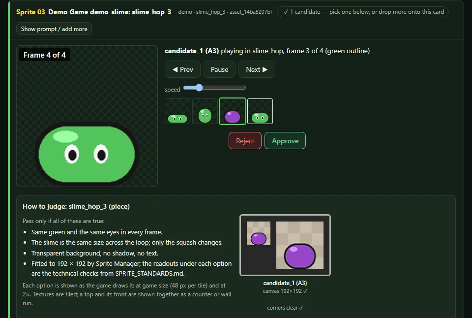 Reviewing uploads: frames judged in their loop, Cancel upload, Reject | Approve, screenshot