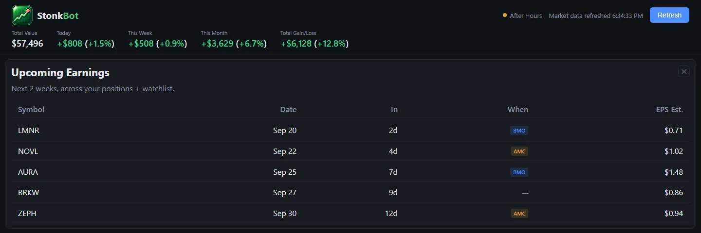 Upcoming earnings, screenshot