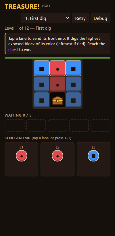 Pilot: the core rules, a solver and 12 proven levels, screenshot