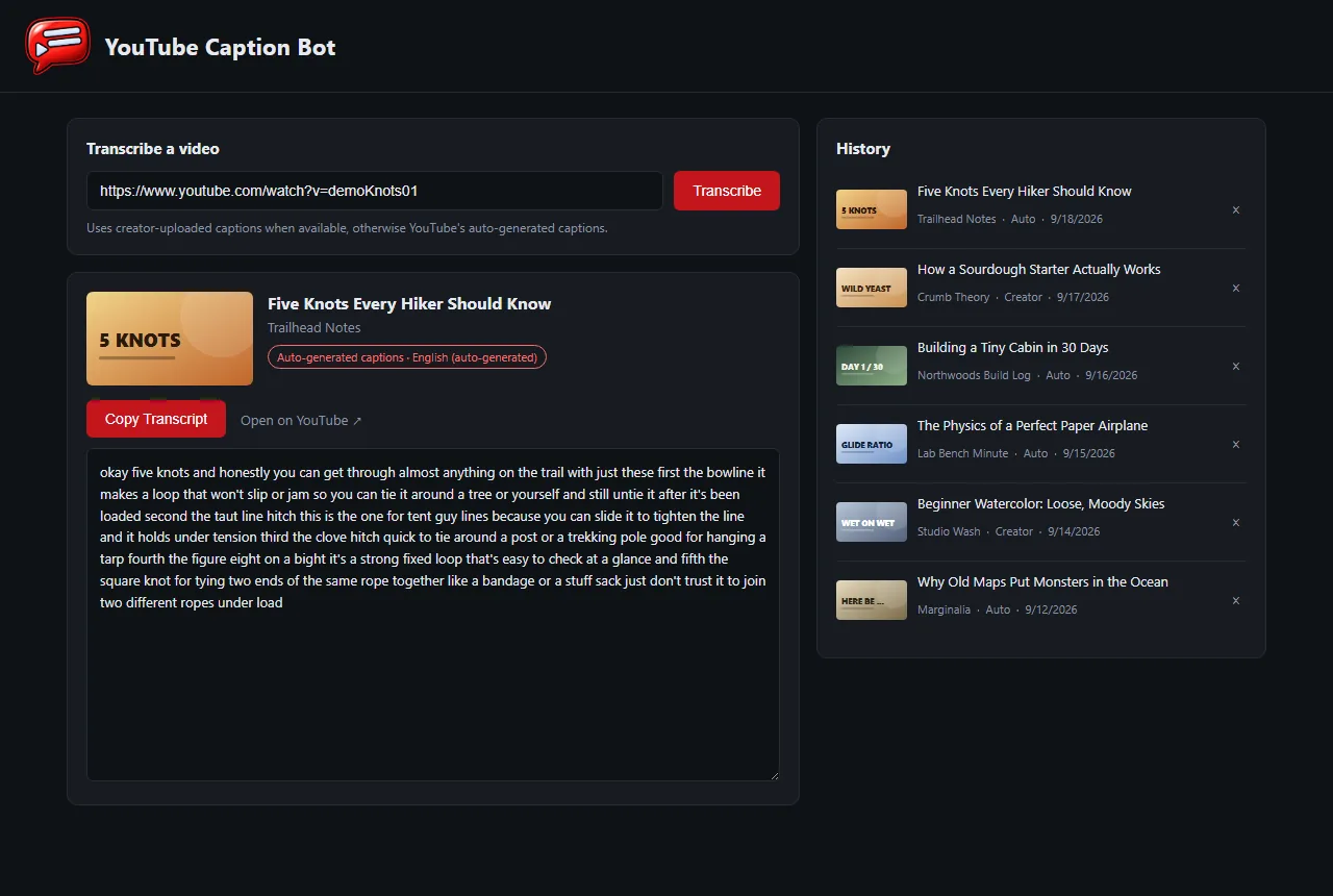 Paste a link, get the transcript, screenshot