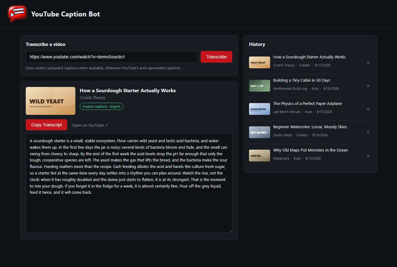 Paste a link, get the transcript, screenshot