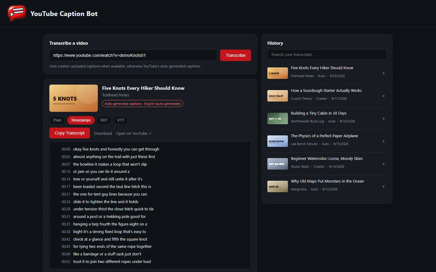 Timestamps, jump links and subtitle files, screenshot