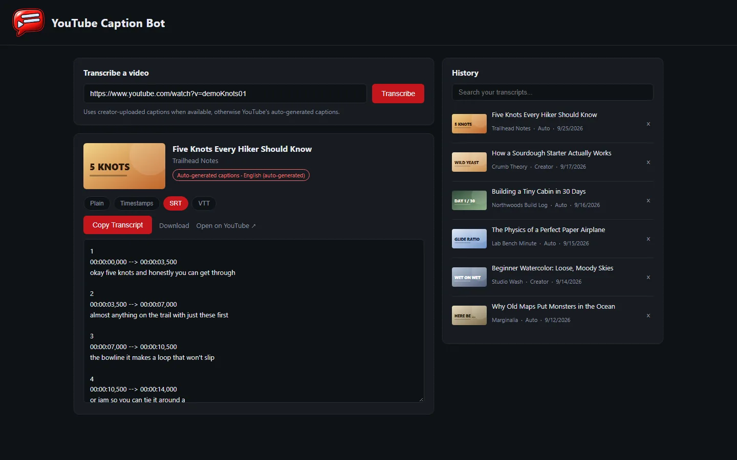 Timestamps, jump links and subtitle files, screenshot