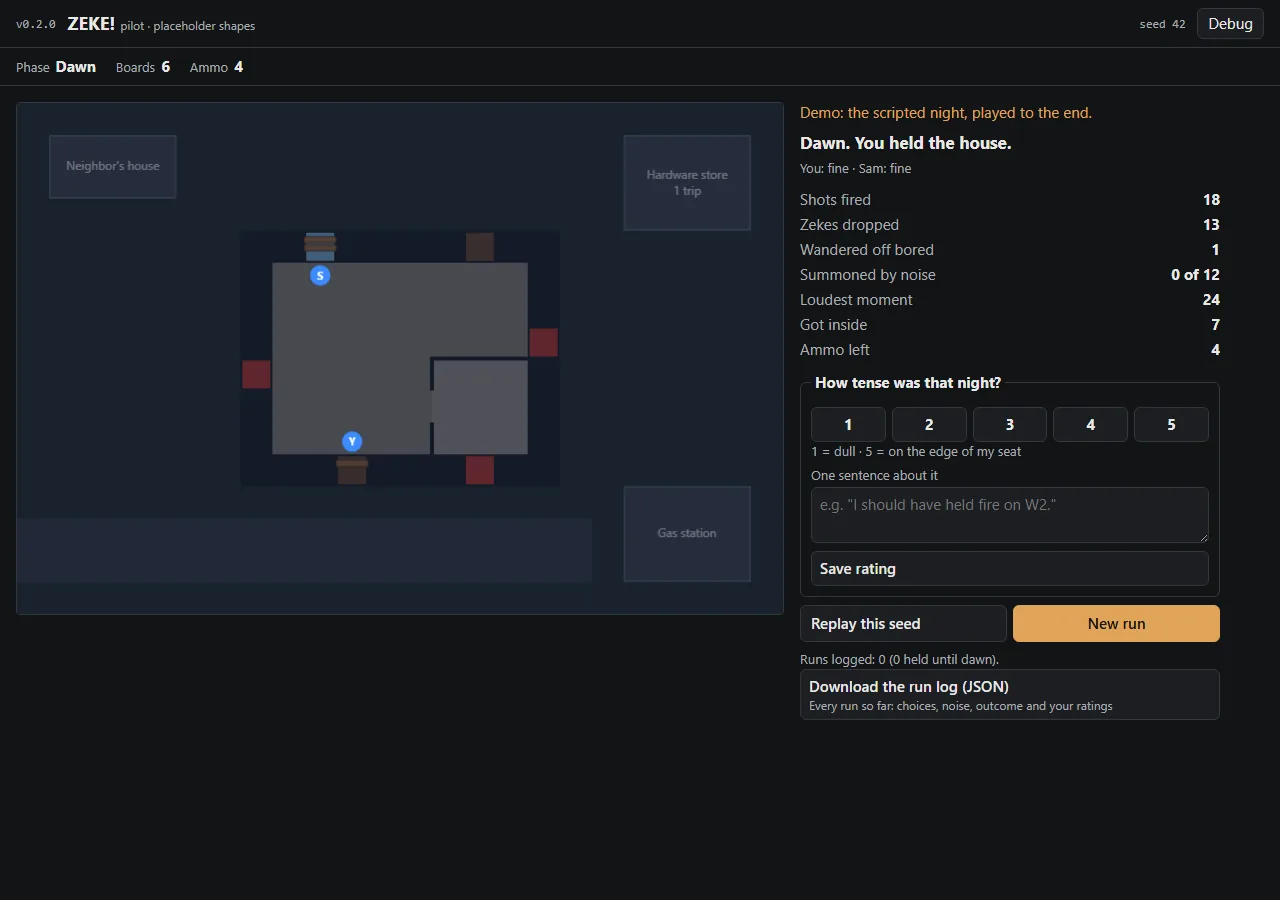 Pilot v0.2.0: the run log and the tension rating, screenshot