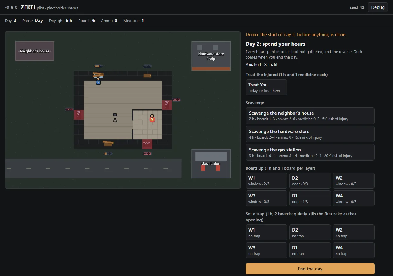 Pilot v0.8.0: medicine and treating the injured, screenshot