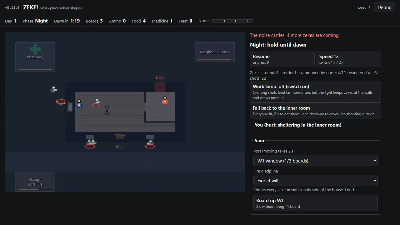 Pilot v0.11.0: a second place to shelter, the corner shop, screenshot